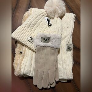 UGG Winter Cream and Beige   Sweater Weather pom pom hat infinity scarf Set. NWT